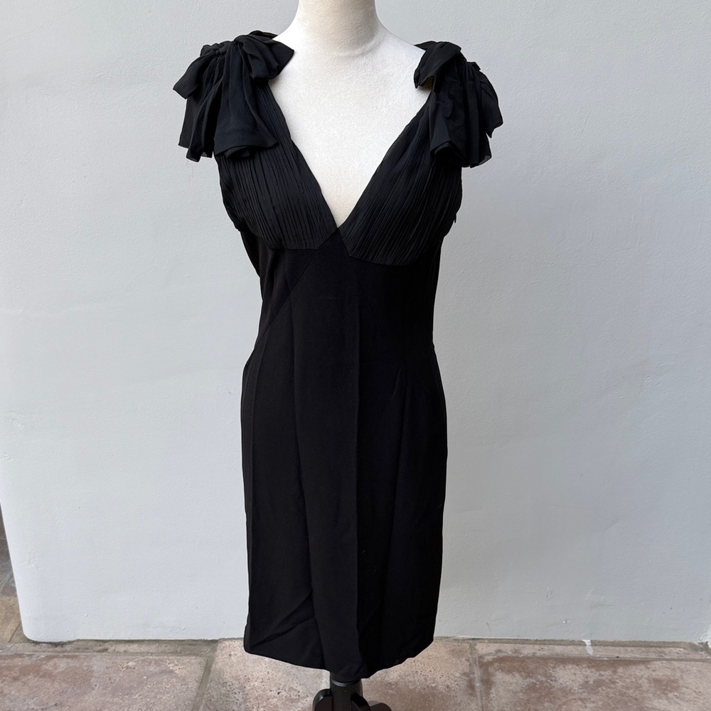 BALENCIAGA Black Plunge V-Neck Knee Dress Pleated Bow Shoulders Size 42 US 6